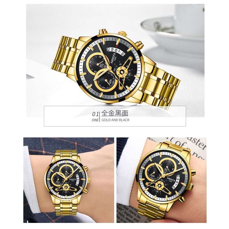 2309 New Style NIBOSI Solid Steel Band Men's Watch Waterproof Coating Glass Luminous Three-Eyed 6-Needle Quartz Men