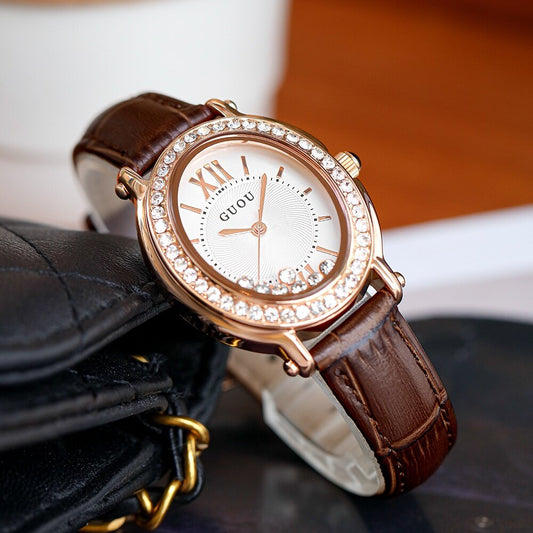 Ancient Ou GUOU6046 Ladies Watch Fashion Oval Dial Trendy Rhinestone Casual Real Quartz Women