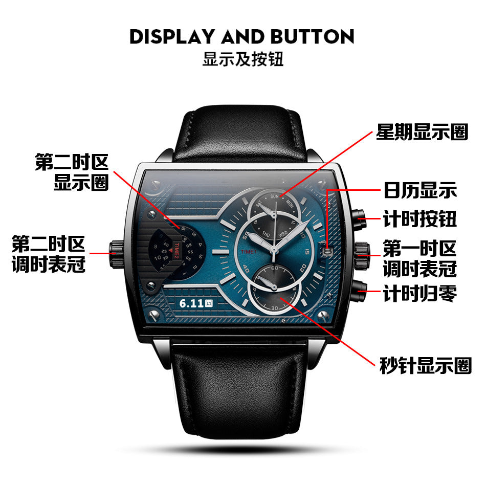 6.11 square men quartz watch fashion sports new concept men calendar tide table 9812