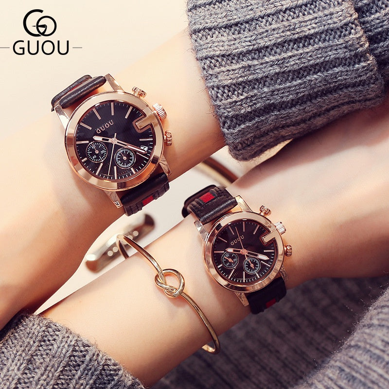 Ancient Ou GUOU Couple Watch Quartz Movement Stitching Strap Temperament Calendar Genuine Leather Belt