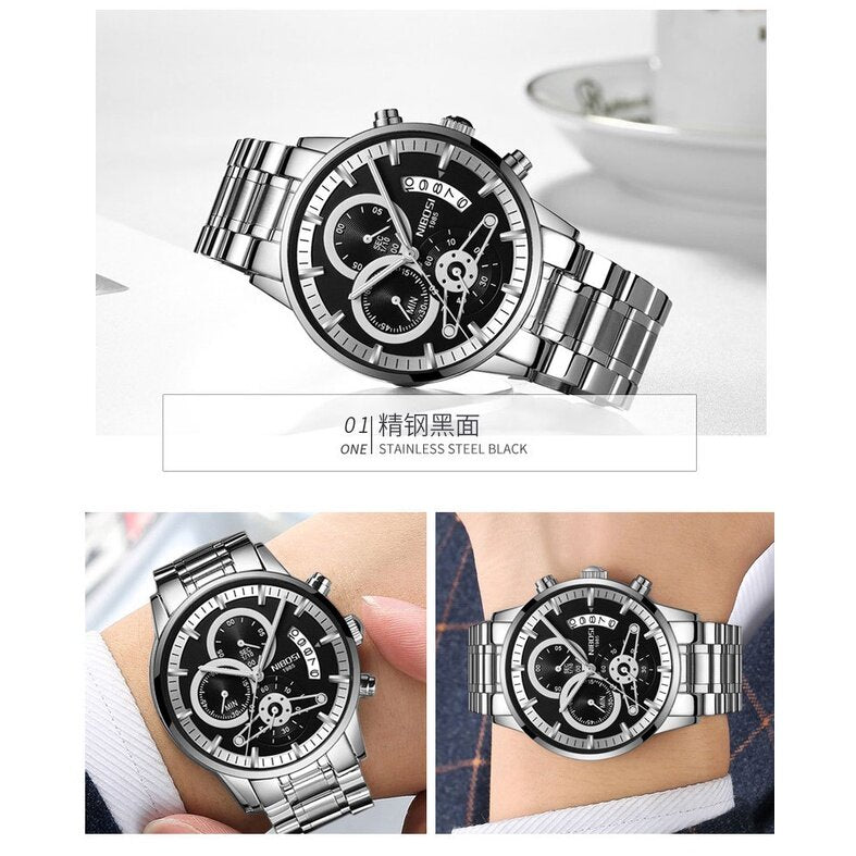 2309 New Style NIBOSI Solid Steel Band Men's Watch Waterproof Coating Glass Luminous Three-Eyed 6-Needle Quartz Men