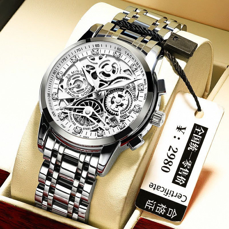 2022 Ruizhiyuan Hollow Men's Watch Steel Strap High-End Quartz Luminous Waterproof Trend Non-Mechanical Hot-Selling