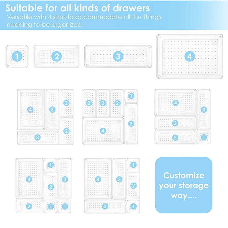 25 PCS 4-Size Clear Plastic Drawer Organizers Set Versatile Bathroom and Vanity Drawer Organizer Trays,for Makeup,Office