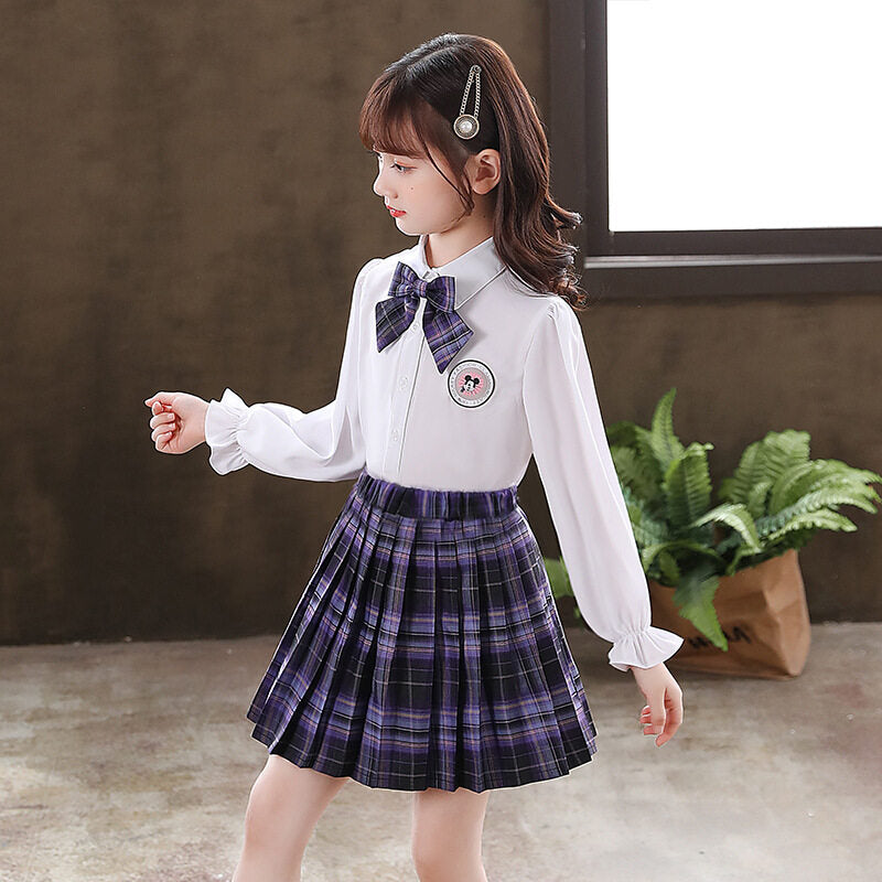 2021 girls pleated skirt primary school students autumn children's new long sleeve shirt Lapel plaid skirt