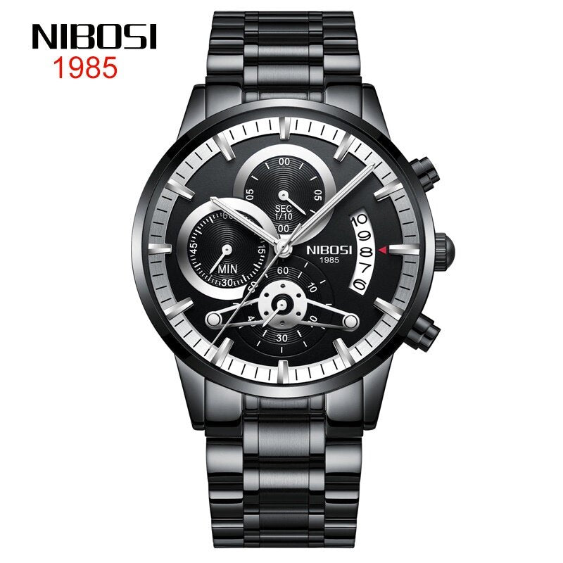 2309 New Style NIBOSI Solid Steel Band Men's Watch Waterproof Coating Glass Luminous Three-Eyed 6-Needle Quartz Men