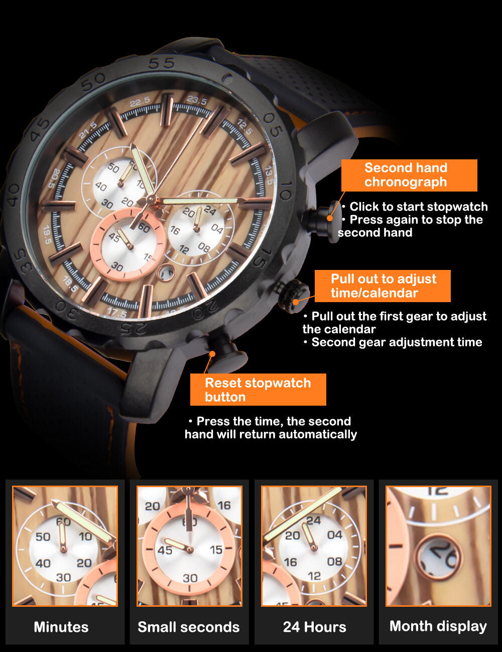 A little more men's wooden watch New Multifunctional Dual Time Zone Waterproof Quartz Business Luminous Large Dial Men's Watch D8124