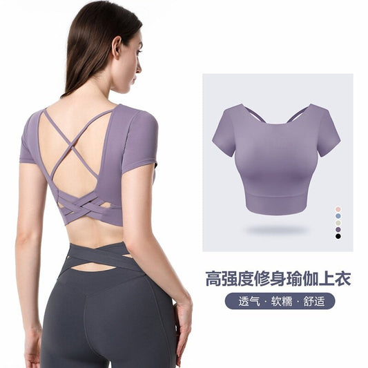 2022 Spring Summer New Style Yoga Wear Short-Sleeved Outdoor Running Sports Fitness Classy Fashion Sexy Beautiful Back Top Women