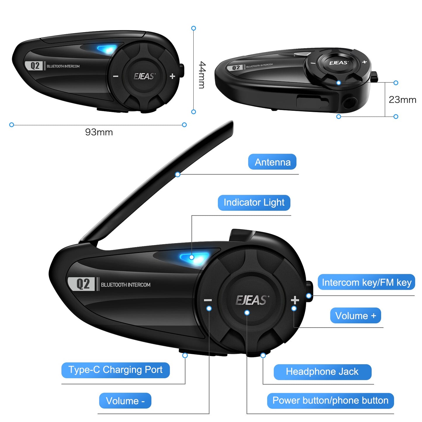 2022 EJEAS new Q2 Motorcycle Helmet Headset Intercom Bluetooth 5.1 Quick Pair Waterproof Up to 2 Riders Wireless Interphone Communicator