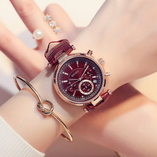 Ancient Ou GUOU8080 Women's Watch Fashion Three-Eyed Multifunctional Quartz Female Genuine Lea