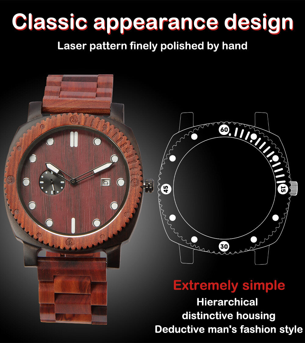 A little more men wooden watch color matching Boat-fruited Sterculia replica business multifunctional large dial luminous quartz watch with calendar