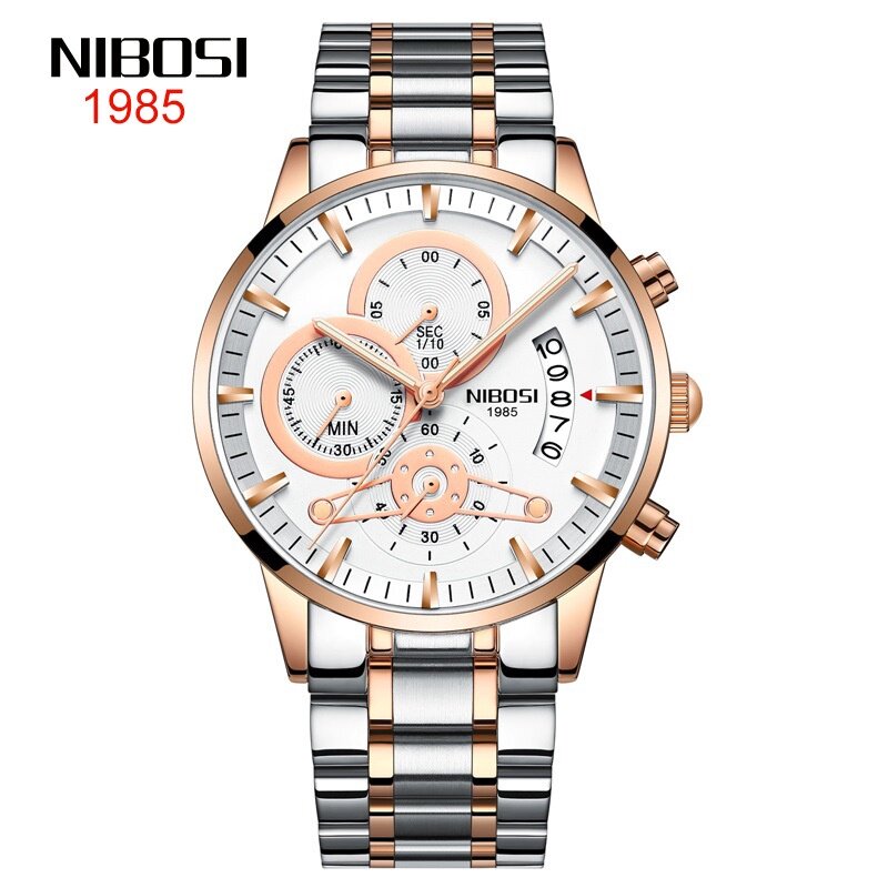 2309 New Style NIBOSI Solid Steel Band Men's Watch Waterproof Coating Glass Luminous Three-Eyed 6-Needle Quartz Men