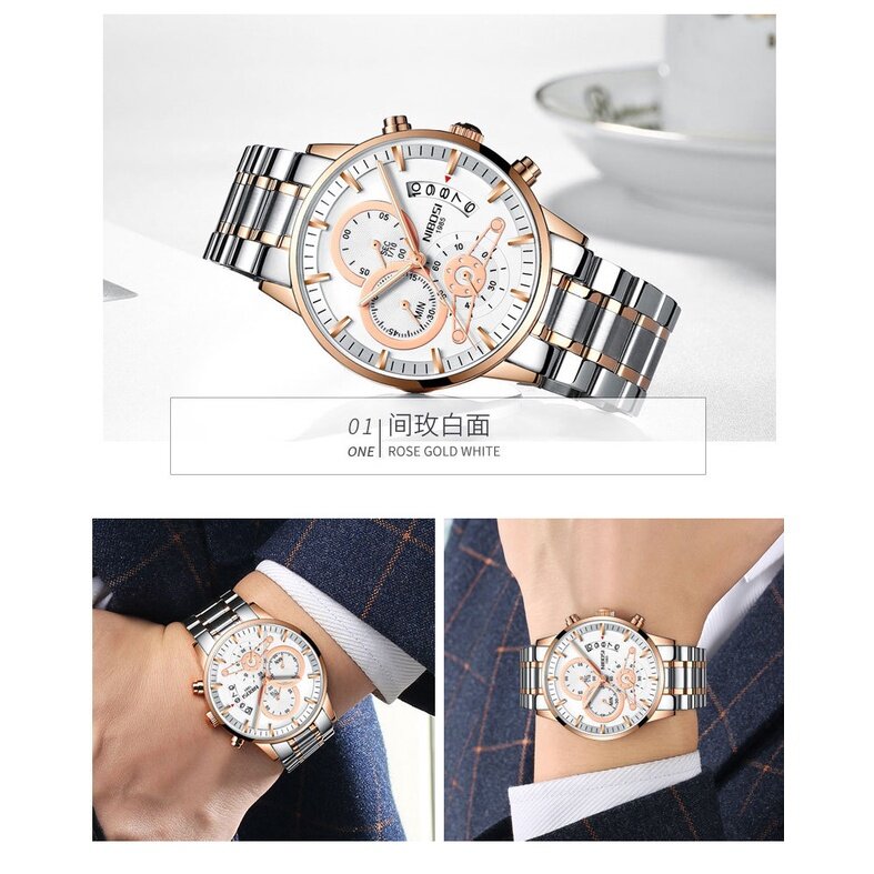 2309 New Style NIBOSI Solid Steel Band Men's Watch Waterproof Coating Glass Luminous Three-Eyed 6-Needle Quartz Men