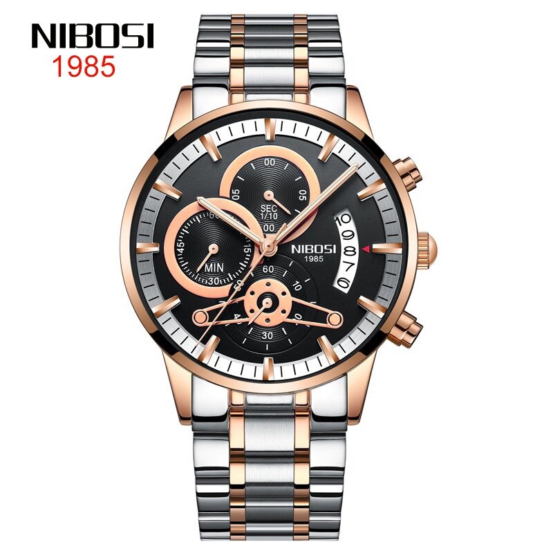 2309 New Style NIBOSI Solid Steel Band Men's Watch Waterproof Coating Glass Luminous Three-Eyed 6-Needle Quartz Men