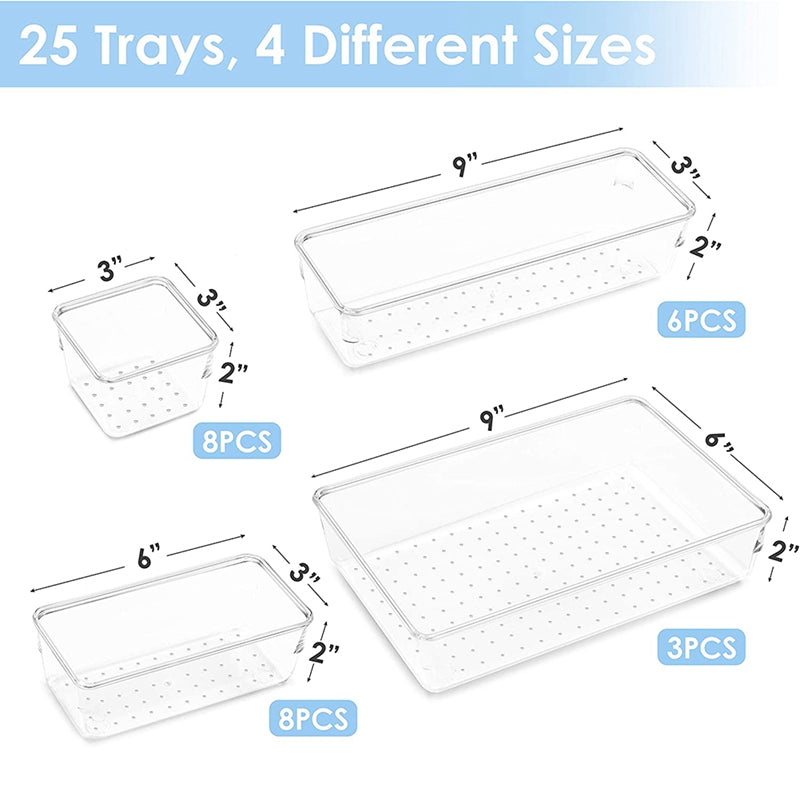 25 PCS 4-Size Clear Plastic Drawer Organizers Set Versatile Bathroom and Vanity Drawer Organizer Trays,for Makeup,Office