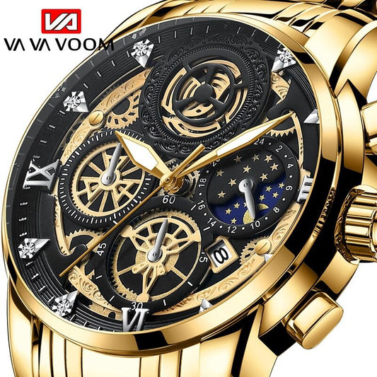 2022 New Style Calendar Men's Fashion Watch Hollow Flywheel Rhinestone Waterproof Sun Moon Star Men Quartz