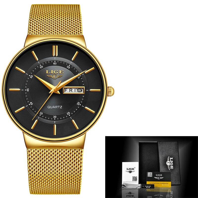 2021 LIGE New Mens Watches Top Brand Luxury Ultra Thin Quartz Watch Men Steel Mesh Strap Waterproof Gold Watch