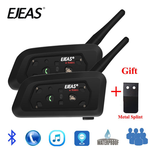 2Pcs Ejeas V6 Pro Bluetooth Motorcycle Intercom Helmet Headset 6 Riders 1200M Communicator Interphone + Metal Splint