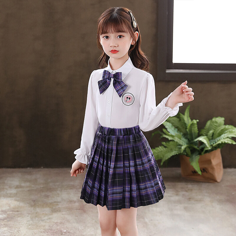 2021 girls pleated skirt primary school students autumn children's new long sleeve shirt Lapel plaid skirt