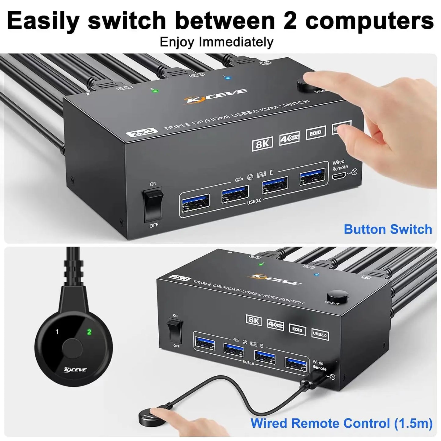 2 in 3 out switch/supports 8K30HZ/4K144HZ/EDID simulator/USB3.0K VM switch,mirrored and splicing wall display