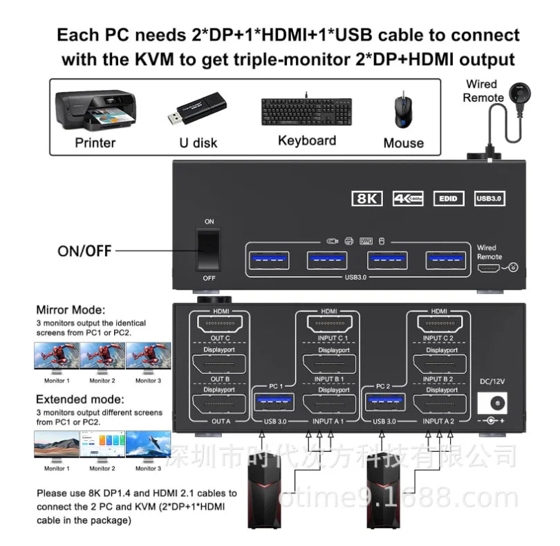 10PCS  Three in two out KVM switch USB3.0 HD switch 4k@60hz /2K144HZ/EDID simulator