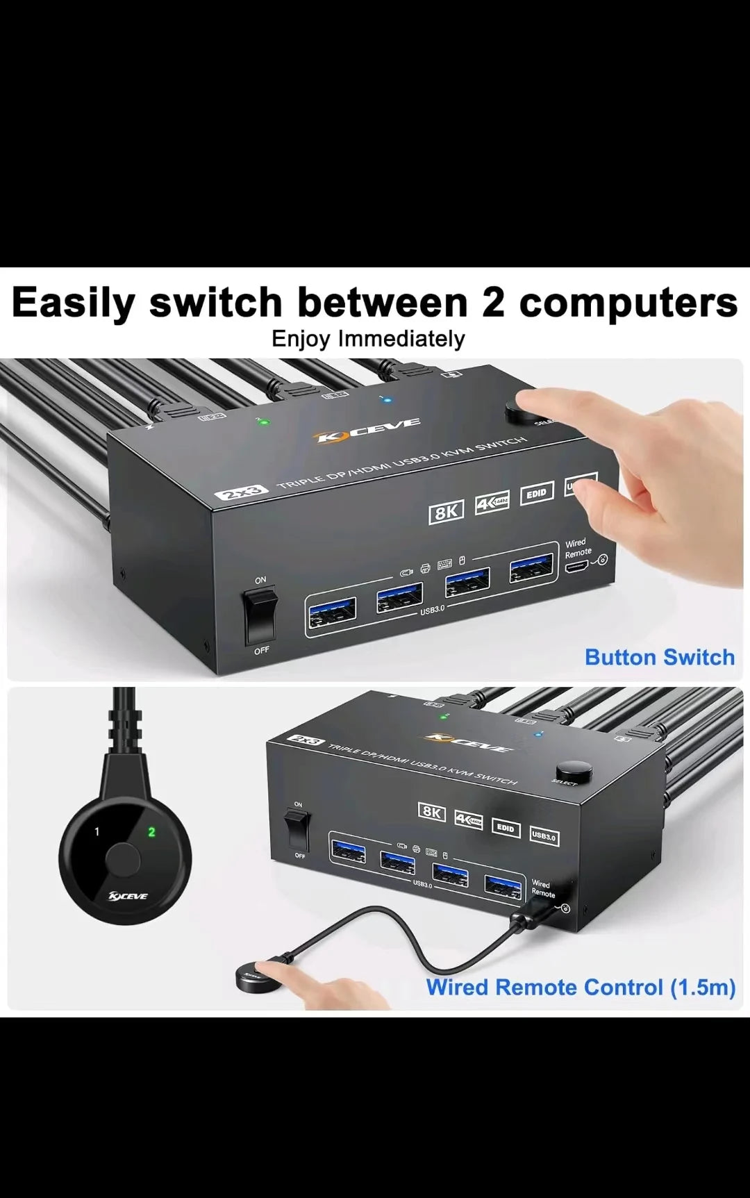 10PCS  Three in two out KVM switch USB3.0 HD switch 4k@60hz /2K144HZ/EDID simulator