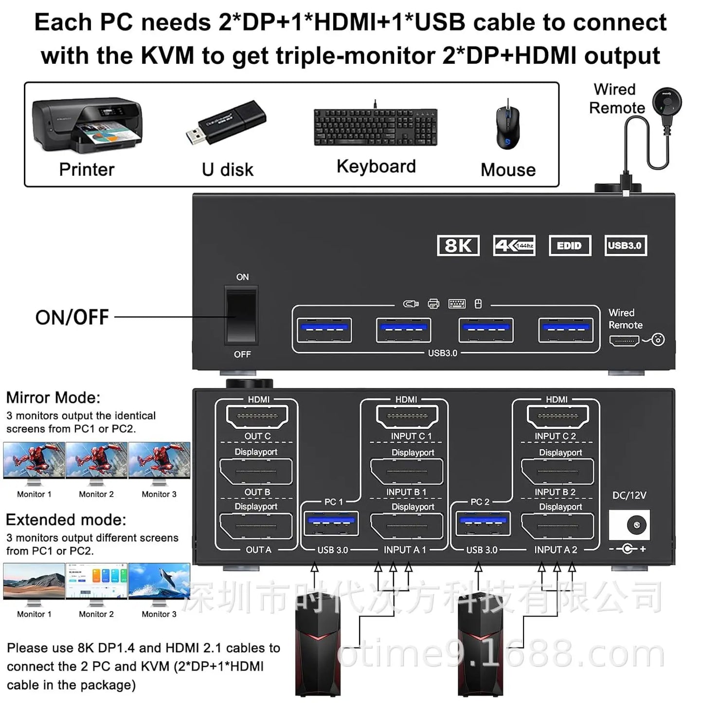 10PCS  Three in two out KVM switch USB3.0 HD switch 4k@60hz /2K144HZ/EDID simulator