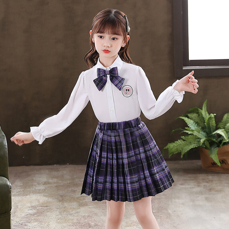 2021 girls pleated skirt primary school students autumn children's new long sleeve shirt Lapel plaid skirt