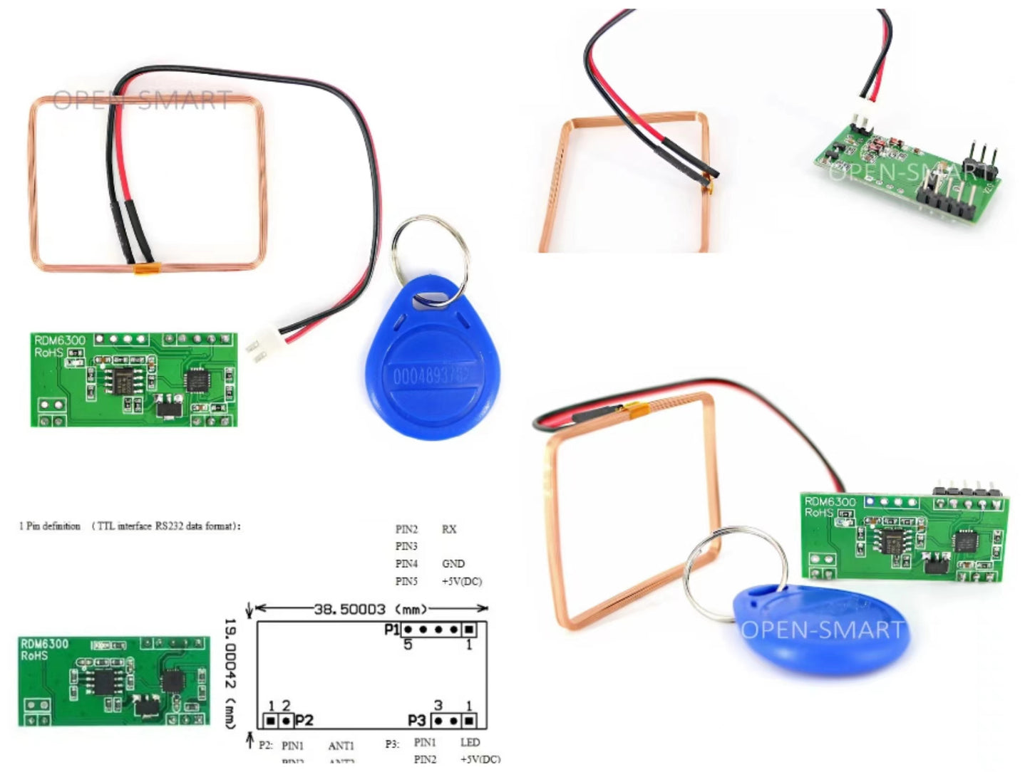 5PCS OPEN-SMART125KHz Serial UART RFID Card Reader RFID Module Serial UART RDM6300 RFID Card Reader with Copper Coil / ID Key for Arduino