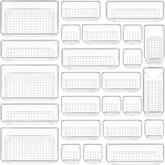 25 PCS 4-Size Clear Plastic Drawer Organizers Set Versatile Bathroom and Vanity Drawer Organizer Trays,for Makeup,Office