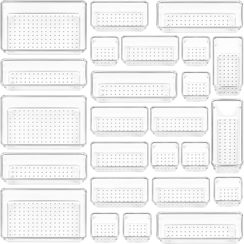25 PCS 4-Size Clear Plastic Drawer Organizers Set Versatile Bathroom and Vanity Drawer Organizer Trays,for Makeup,Office
