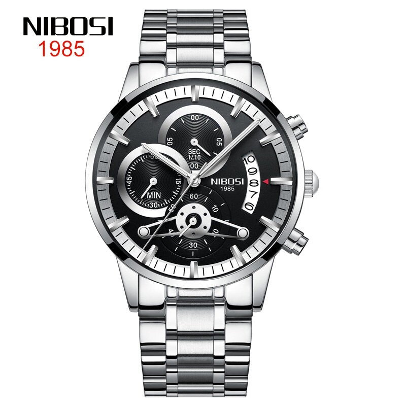 2309 New Style NIBOSI Solid Steel Band Men's Watch Waterproof Coating Glass Luminous Three-Eyed 6-Needle Quartz Men