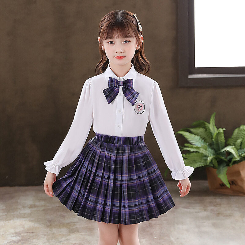 2021 girls pleated skirt primary school students autumn children's new long sleeve shirt Lapel plaid skirt