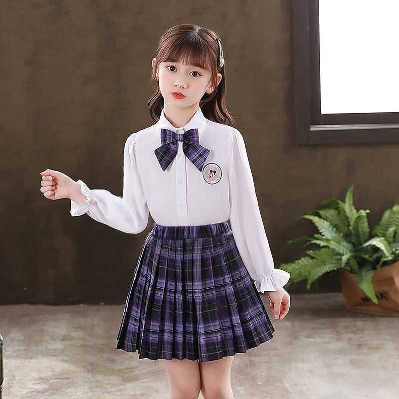 2021 girls pleated skirt primary school students autumn children's new long sleeve shirt Lapel plaid skirt