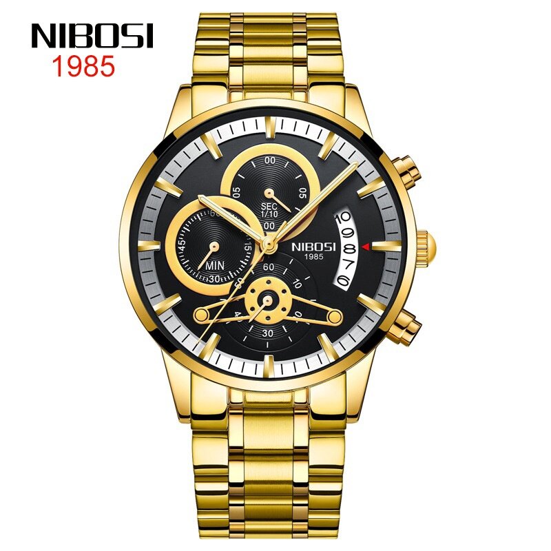 2309 New Style NIBOSI Solid Steel Band Men's Watch Waterproof Coating Glass Luminous Three-Eyed 6-Needle Quartz Men