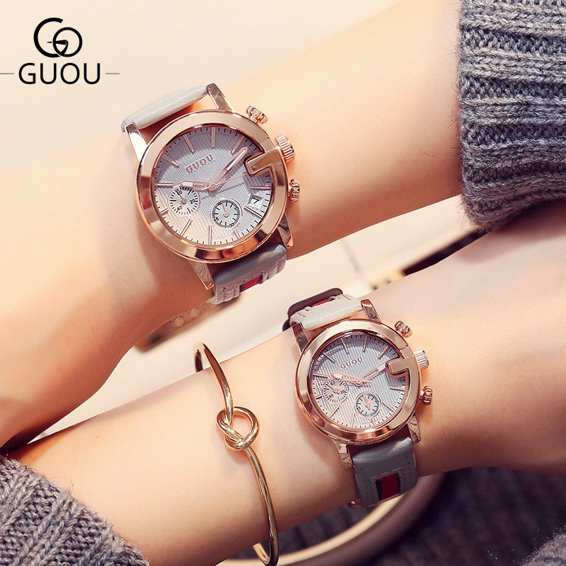 Ancient Ou GUOU Couple Watch Quartz Movement Stitching Strap Temperament Calendar Genuine Leather Belt