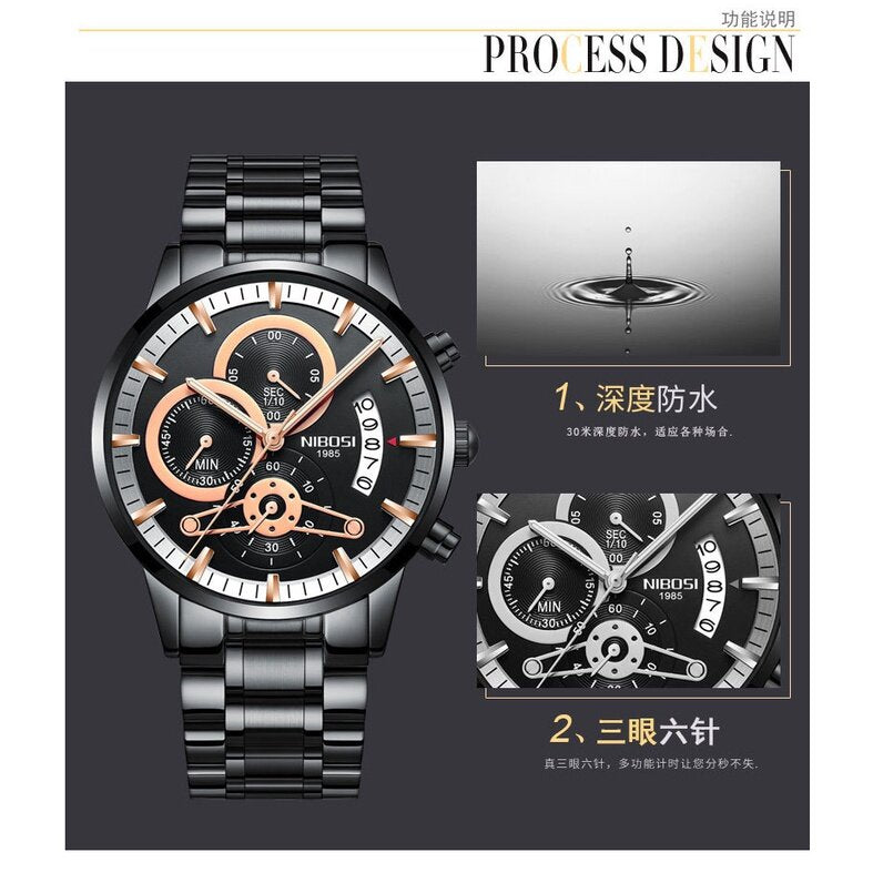 2309 New Style NIBOSI Solid Steel Band Men's Watch Waterproof Coating Glass Luminous Three-Eyed 6-Needle Quartz Men