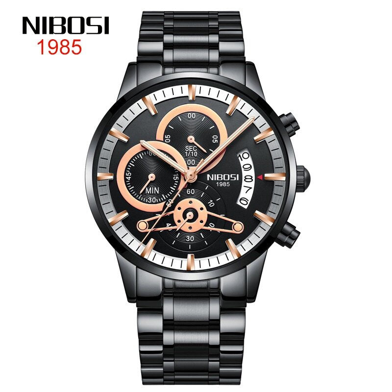 2309 New Style NIBOSI Solid Steel Band Men's Watch Waterproof Coating Glass Luminous Three-Eyed 6-Needle Quartz Men