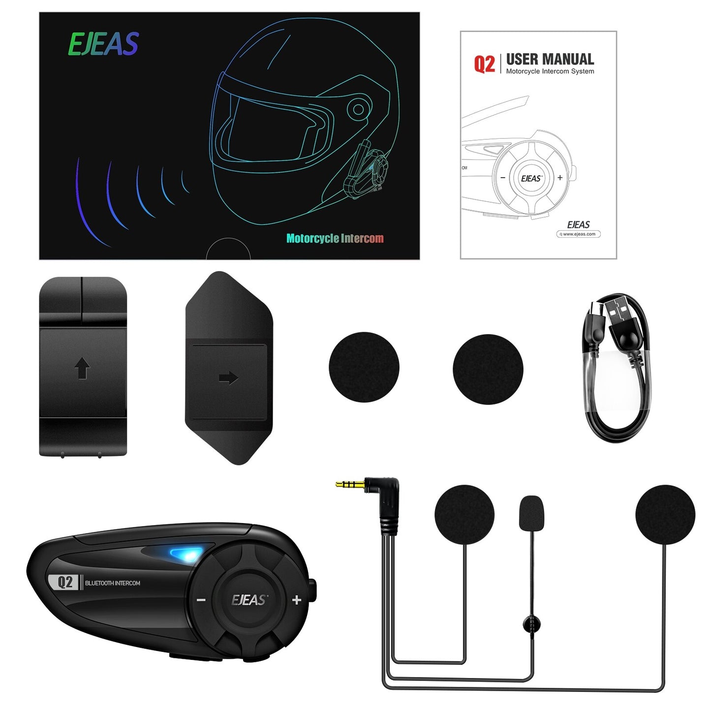 2022 EJEAS new Q2 Motorcycle Helmet Headset Intercom Bluetooth 5.1 Quick Pair Waterproof Up to 2 Riders Wireless Interphone Communicator