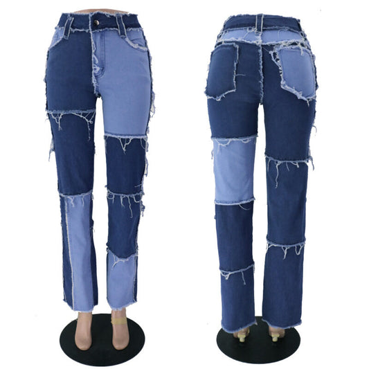 2020 new jeans fashion trend stitching high waist tight hip women's straight denim pants 9063