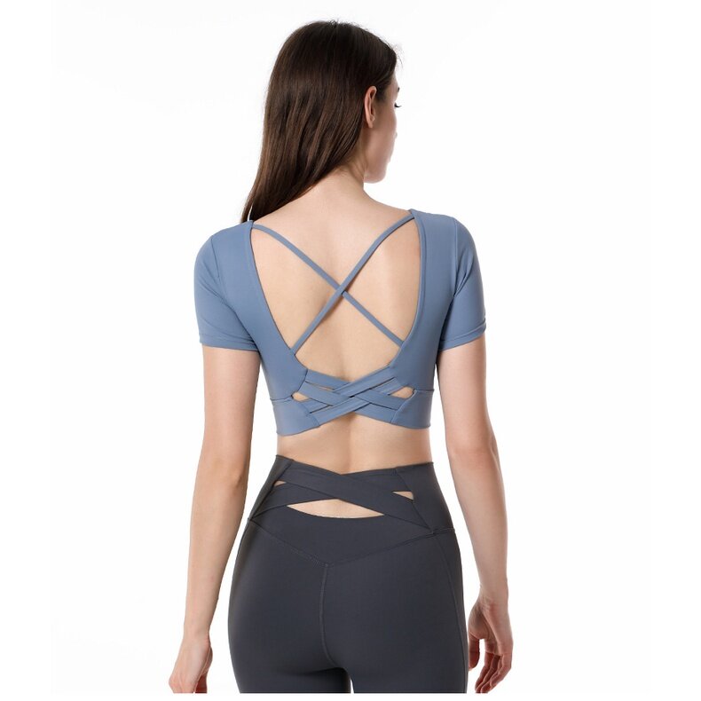 2022 Spring Summer New Style Yoga Wear Short-Sleeved Outdoor Running Sports Fitness Classy Fashion Sexy Beautiful Back Top Women