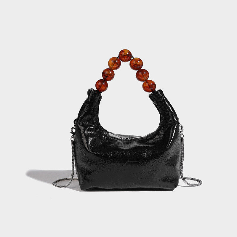 2024 New Style High-End Feeling Diagonal Chain Dumpling Bag Niche Retro Black Vegetable Basket Beaded Handbag Bag Women