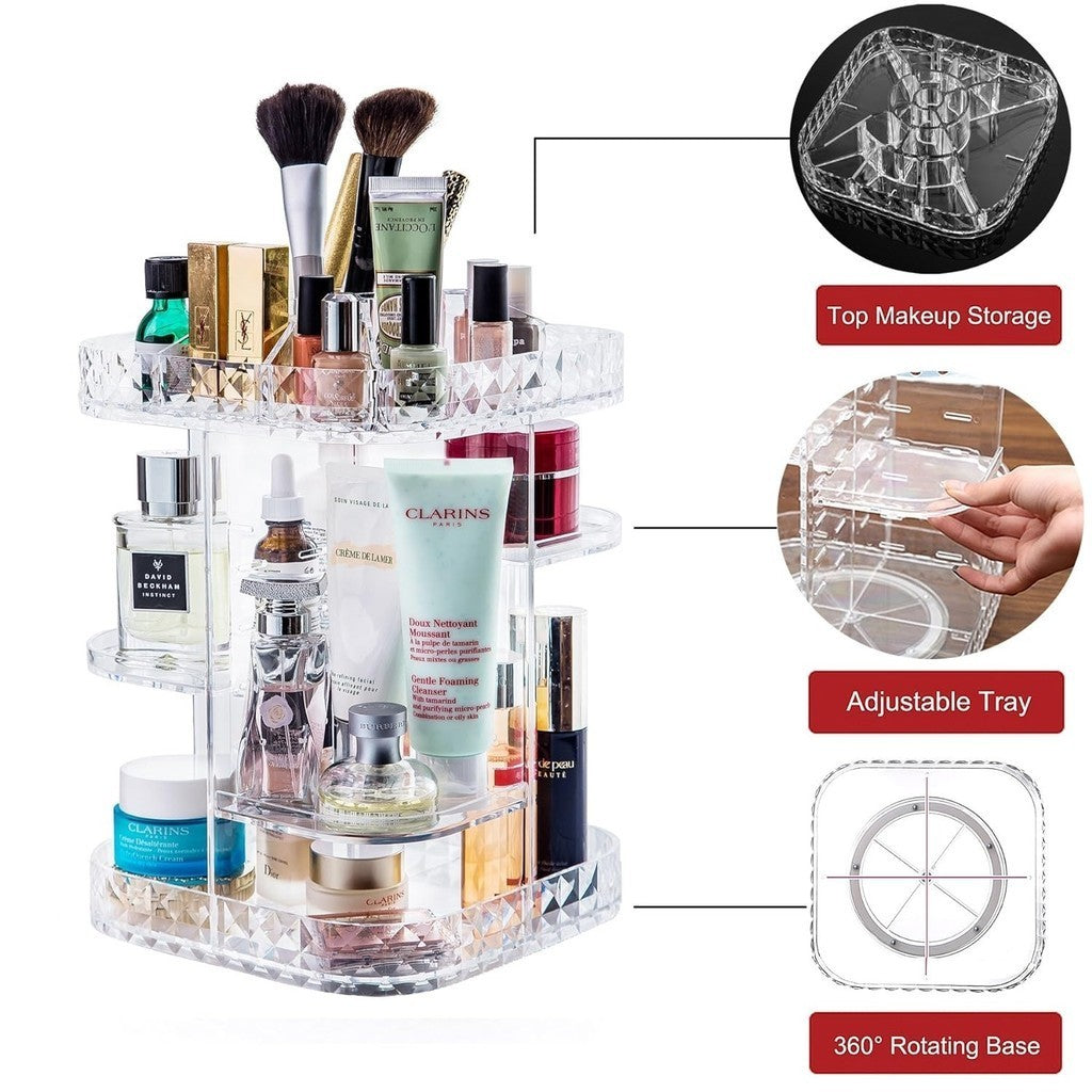 360 degree rotating cosmetic storage box, DIY adjustable large capacity cosmetic display cabinet square makeup rack storage box