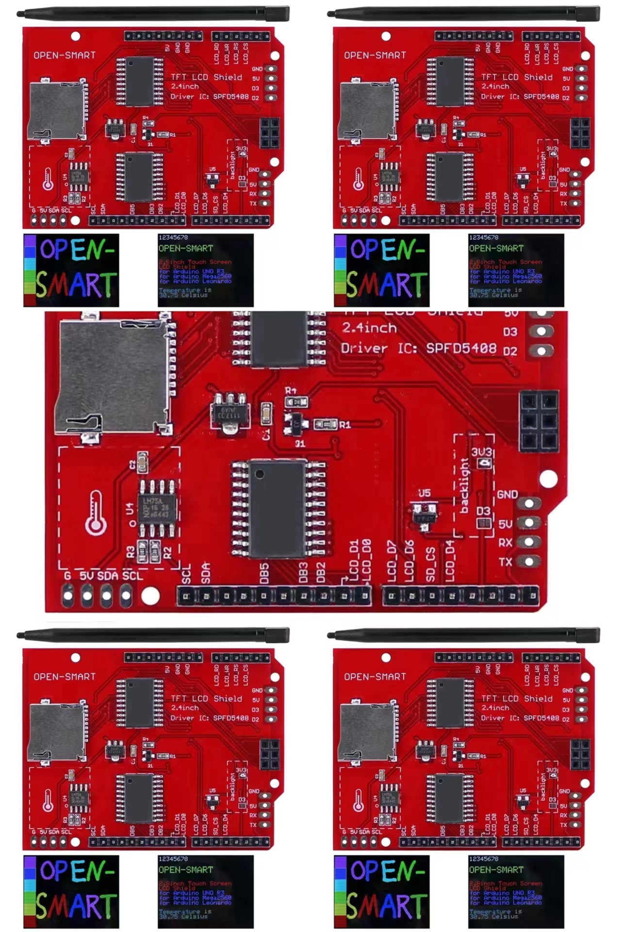 5PCS OPEN-SMART2.4 Inch TFT LCD Display Shield Touch Screen Module Onboard LM75 Temperature Sensor +Pen for Mega2560 And Compatible for Arduino