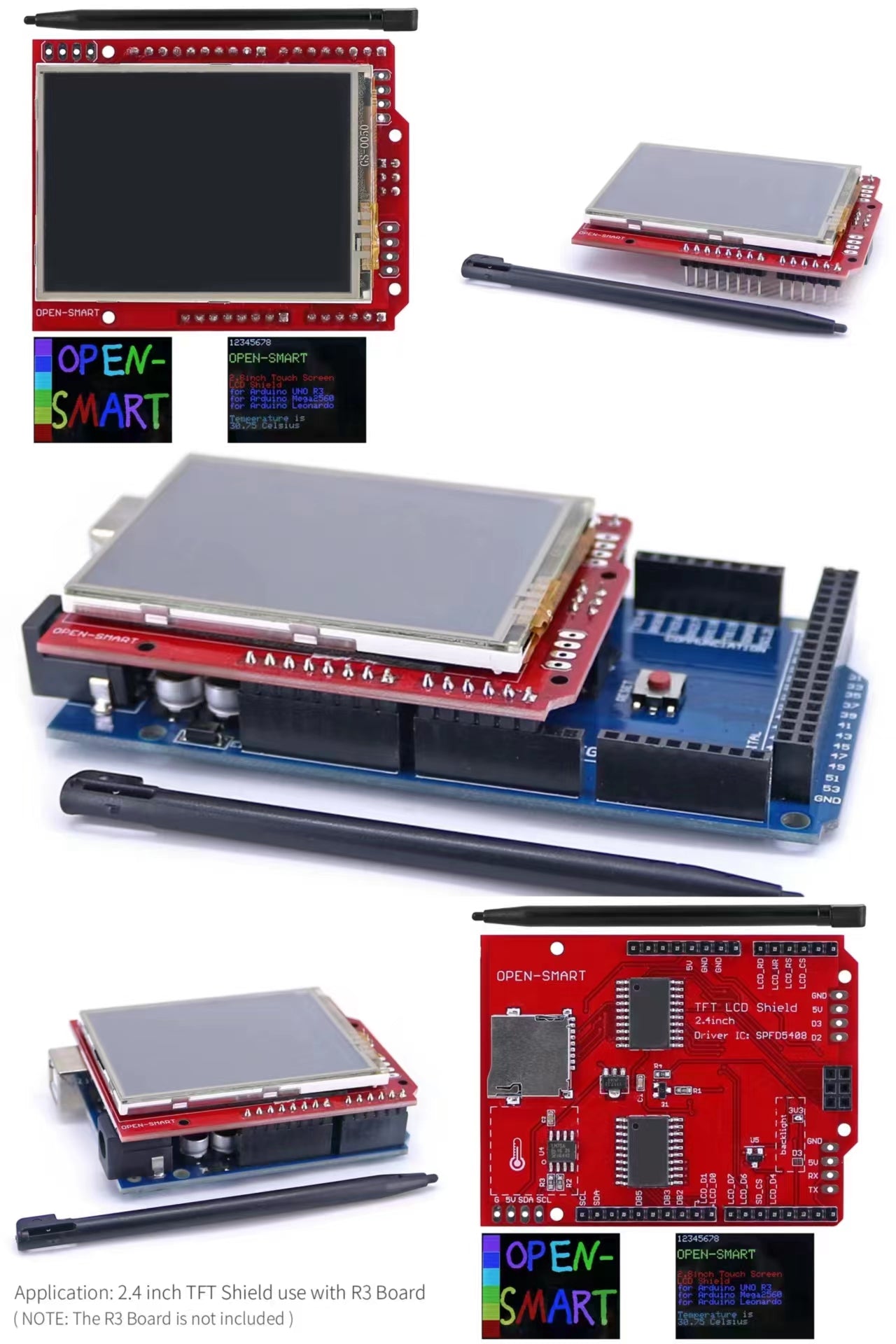 5PCS OPEN-SMART2.4 Inch TFT LCD Display Shield Touch Screen Module Onboard LM75 Temperature Sensor +Pen for Mega2560 And Compatible for Arduino